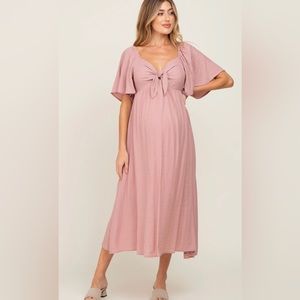 Pink Blush Maternity Mauve Pink Front Tie Ruffle Sleeve Maternity Midi Dress